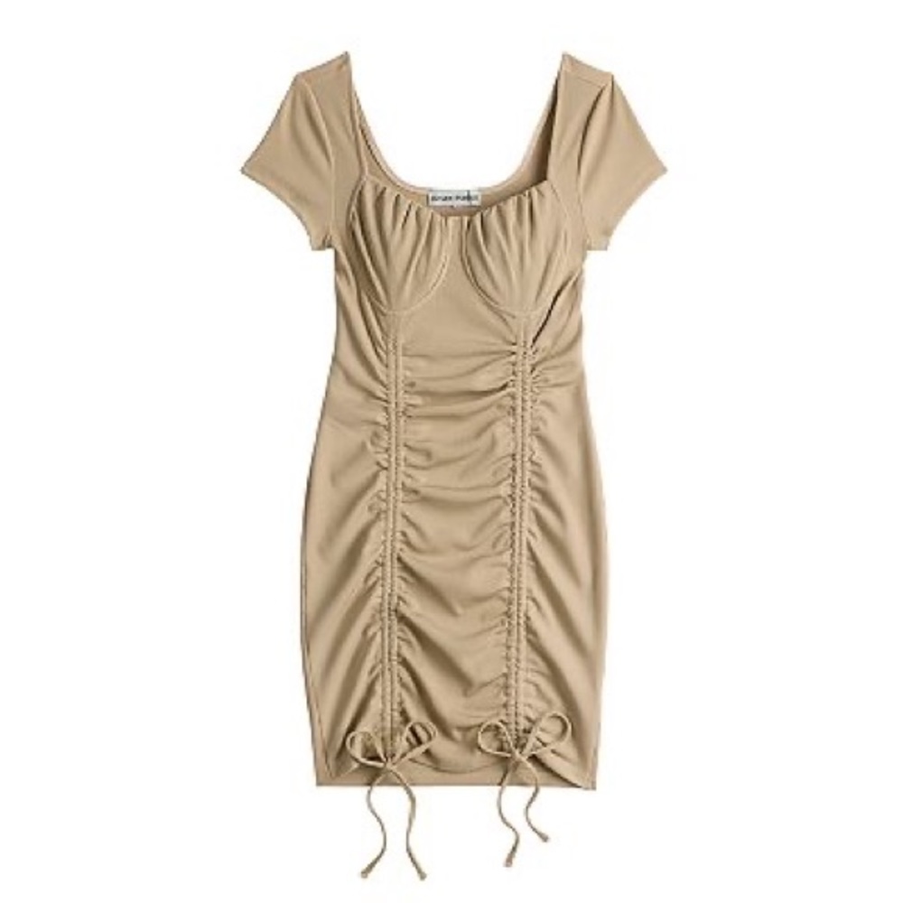 Almost Famous Ruched Front Drawstring Bodycon Dress Beige Oatmeal Medium Stretch